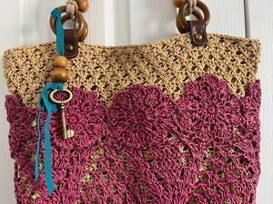 Fossil Boho Straw Crochet Tote Bag Floral Woven Leather Wood Handles Key Charm